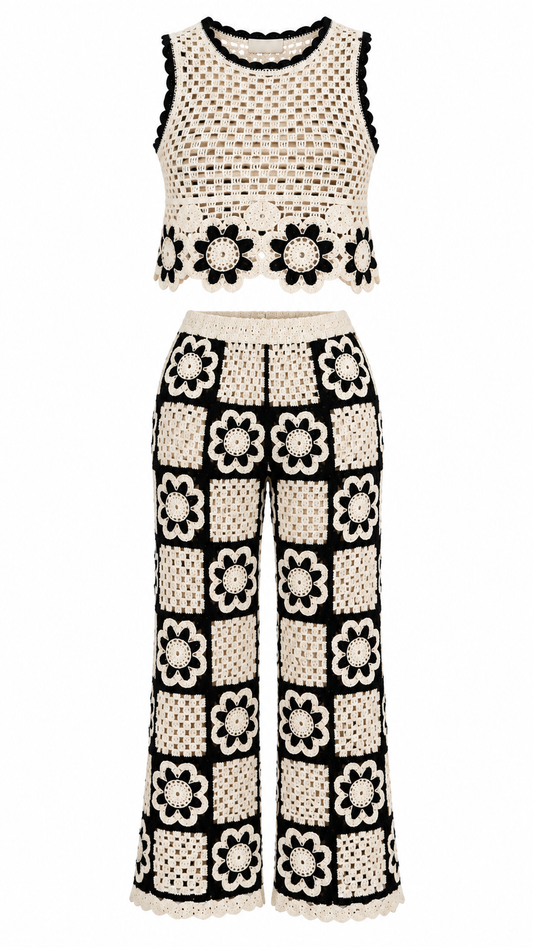 Daisy Checkered Crochet Two-Piece Set