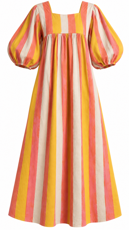 Sunset Striped Puff Sleeve Dress