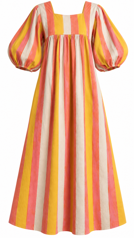 Sunset Striped Puff Sleeve Dress
