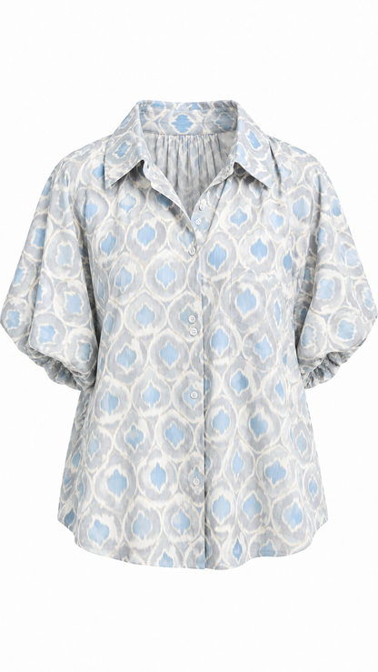 Ikat Print Puff Sleeve Button-Up Top