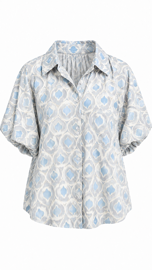 Ikat Print Puff Sleeve Button-Up Top