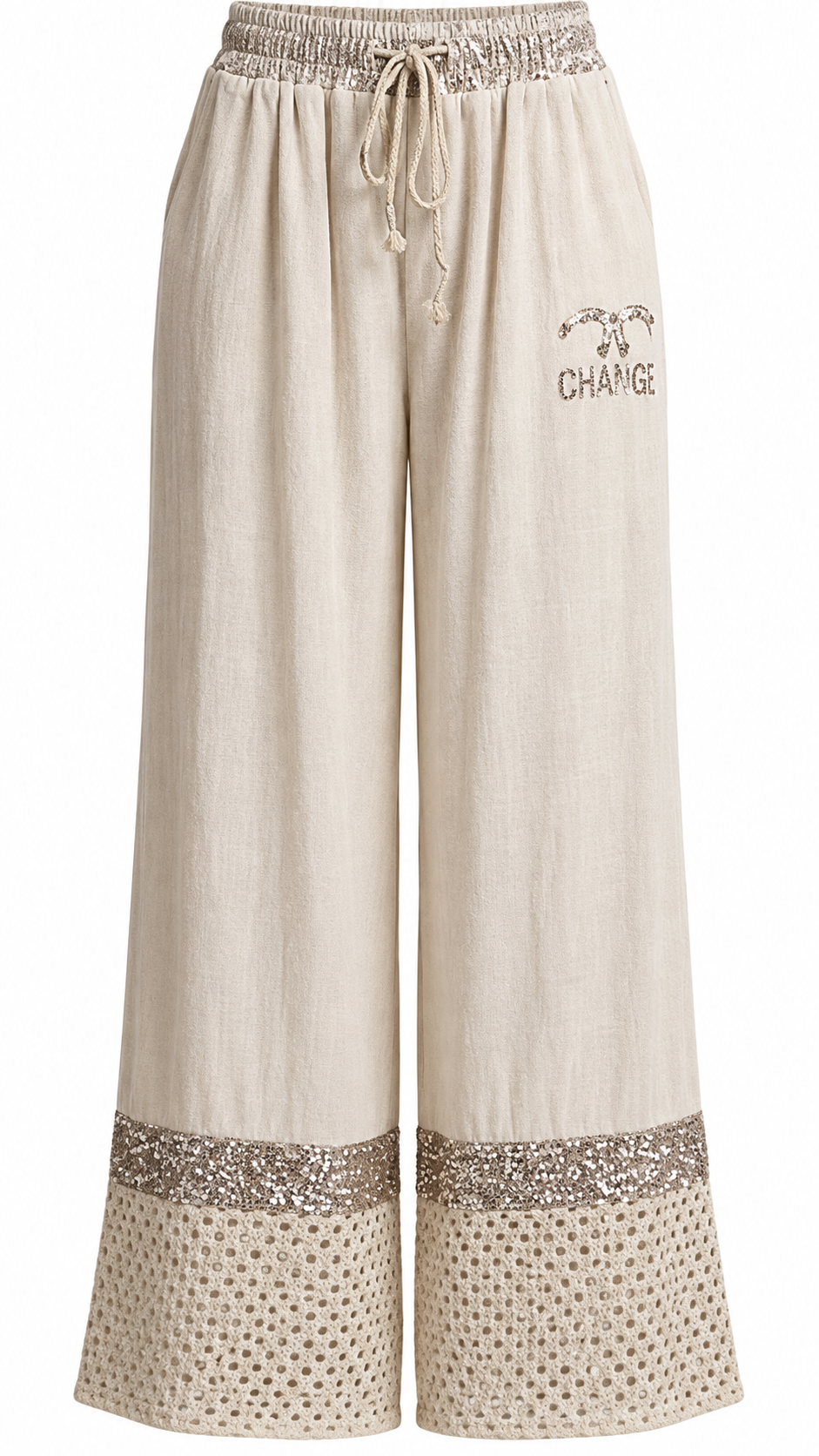 Gold Sequin & Crochet Wide Leg Pants