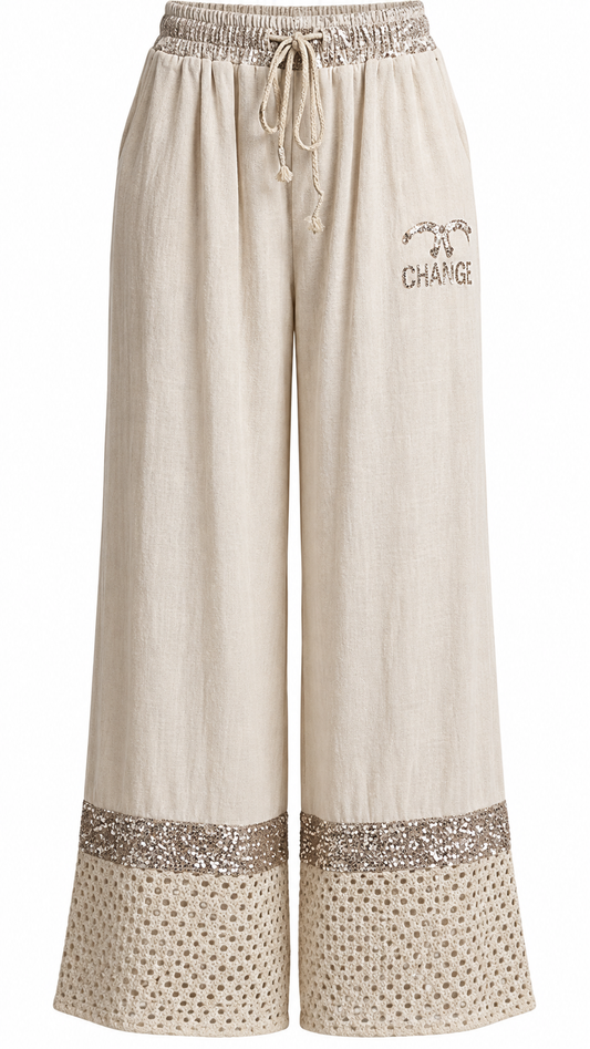 Gold Sequin & Crochet Wide Leg Pants