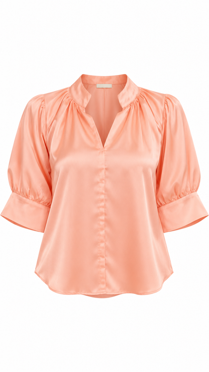 Peach Satin Puff Sleeve Blouse
