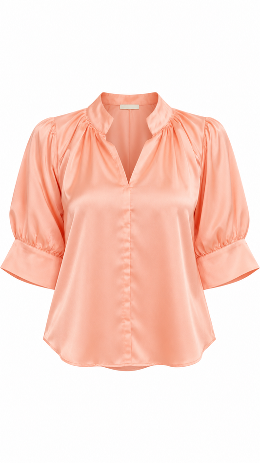Peach Satin Puff Sleeve Blouse