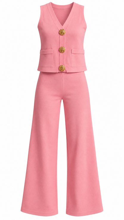 Gold Button Vest & Straight Pants Set